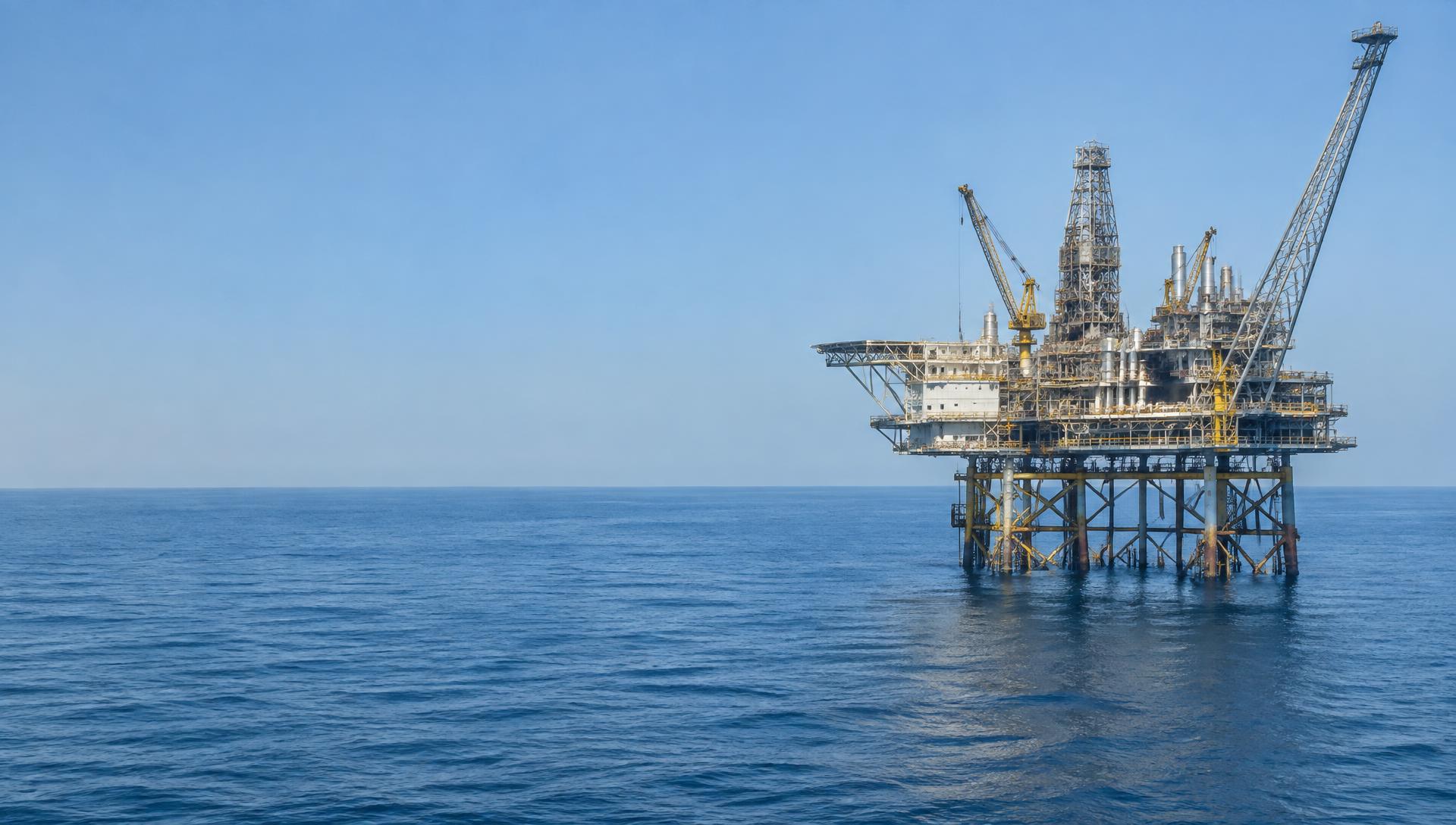Offshore oil and gas platform on a calm deep-blue sea
